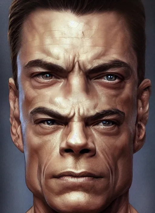 Image similar to symmetry!! jean claude van damme, machine parts embedded into face, intricate, elegant, highly detailed, digital painting, artstation, concept art, smooth, sharp focus, illustration, art by artgerm and greg rutkowski and alphonse mucha, 8 k