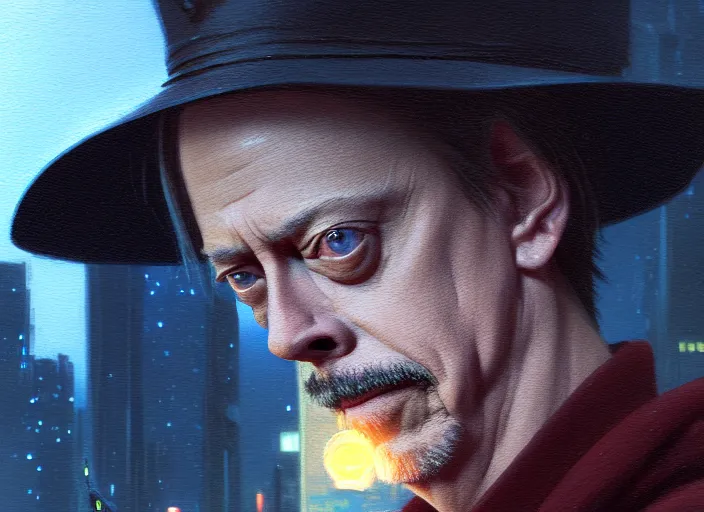 Image similar to a film still portrait of steve buscemi wizard, finely detailed features, closeup of face, cinematic lighting, perfect art, night cyberpunk city, intricate, anime, gapmoe grimdark, artstation, trending on pixiv fanbox, painted by greg rutkowski makoto shinkai takashi takeuchi studio ghibli, akihiko yoshida, 4 k