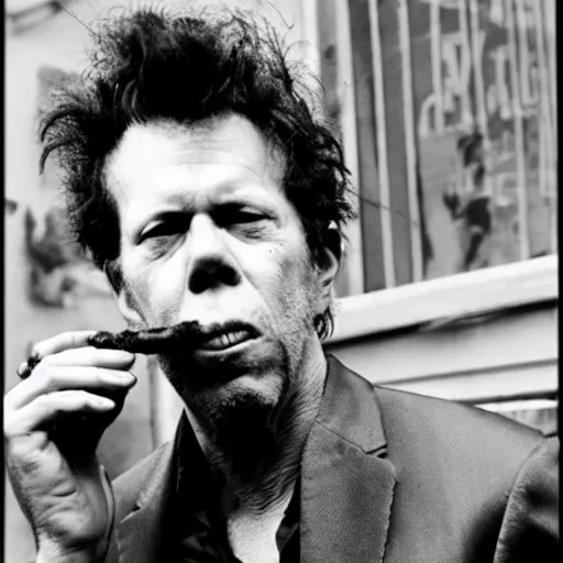 Image similar to tom waits with the body of a spider, smoking a pipe, on the streets of san diego