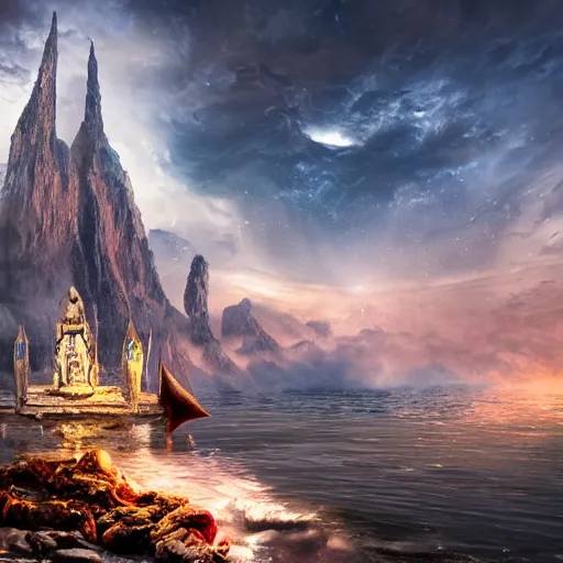 Image similar to heavenly luxurious asgard, cinematic, cinematic lighting, featured on artsation, 8k hd artwork, matte painting