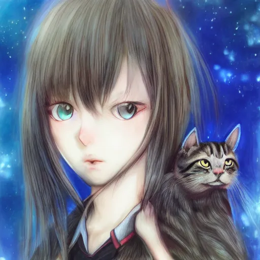 Prompt: girl holding a cat, digital art, anime style, by Yoshitaka Amano, trending on pixiv, 4k, highly detailed