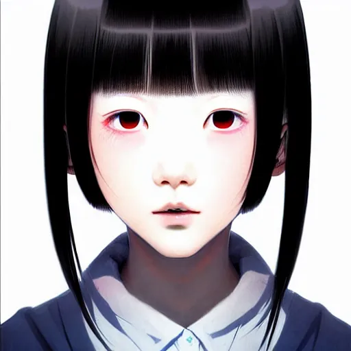 Image similar to beautiful pure evil teenager korean lain, cute but erratic haircut, with hundreds of network cables, neatly coming out of her head, a part of her face panel is showing, she is in pure bliss, chaos, bizarre, strange, portrait, painting, beautiful, detailed symmetrical close up portrait, intricate complexity, in the style ilya kuvshinov