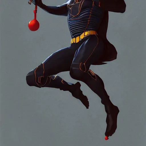 Image similar to a hero named rope man, his suit is black and blue and he has a bat like wing suit under it, mystic, concept art, artstation, greg rutkowski, reference sheet