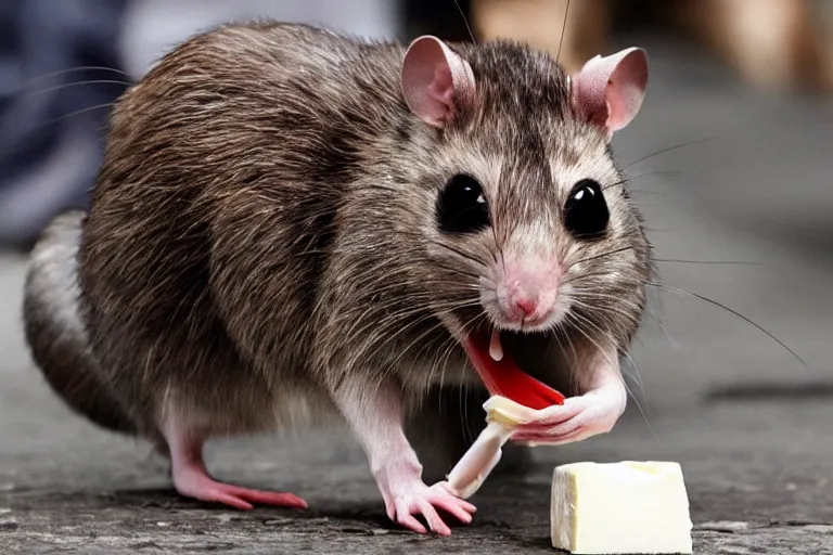 Prompt: photo, emma watson as antropomorphic furry - rat, tinky winky, eats cheese, highly detailed, intricate details