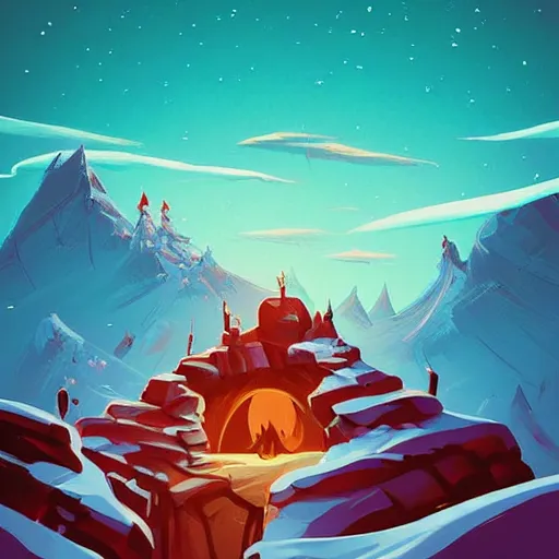 Prompt: curved perspective digital art of a mountain with snow and dead body at the base by anton fadeev from nightmare before christmas