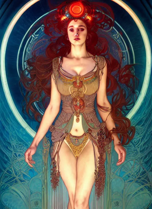 Prompt: the goddess hestia, hair of fire, full body, steampunk, glowing eyes, volumetric lights, red and cyan theme, art nouveau botanicals, intricate, highly detailed, digital painting, artstation, concept art, smooth, sharp focus, cinematic, illustration, beautiful face, art by artgerm and greg rutkowski and alphonse mucha