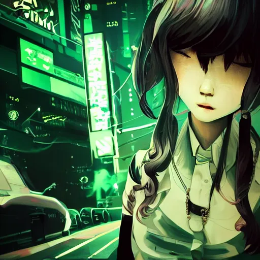 Image similar to Frequency indie album cover, luxury advertisement, green filter, green and black colors. highly detailed post-cyberpunk sci-fi close-up schoolgirl in asian city in style of cytus and deemo, mysterious vibes, by Ilya Kuvshinov, by Greg Tocchini, nier:automata, set in half-life 2, beautiful with eerie vibes, very inspirational, very stylish, with gradients, surrealistic, dystopia, postapocalyptic vibes, depth of field, mist, rich cinematic atmosphere, perfect digital art, mystical journey in strange world, beautiful dramatic dark moody tones and studio lighting, shadows, bastion game, arthouse