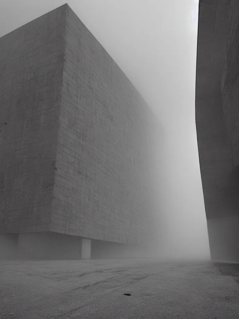 Image similar to High resolution black and white photograph with a 35mm F/5.0 lens of a brutalist architectural building in Bulgaria in the 1980s in the middle of a deserted nowhere while foggy and cloudy.
