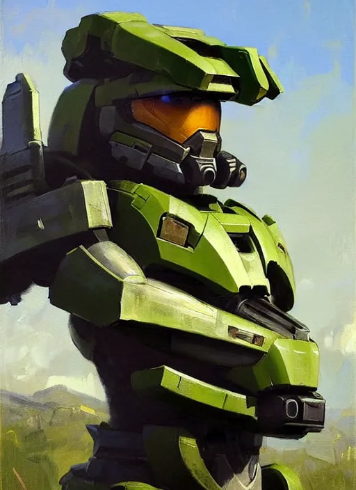 Prompt: Greg Manchess painting of a Corgi as Master Chief from Halo, countryside, calm, fantasy character portrait, dynamic pose, above view, sunny day, artwork by Jeremy Lipkin and Giuseppe Dangelico Pino and Michael Garmash and Rob Rey, very coherent asymmetrical artwork, sharp edges, perfect face, simple form, 100mm