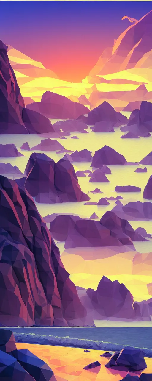 Image similar to super detailed color lowpoly art, northern sunset with rocks on front, monochrome photorealistic bay in the middle of perspective and mountains at background, big graphic ship in the middle of composition, unreal engine, high contrast color palette, 3 d render, lowpoly, colorful, digital art, perspective, robb cobb, robert mccall, syd mead