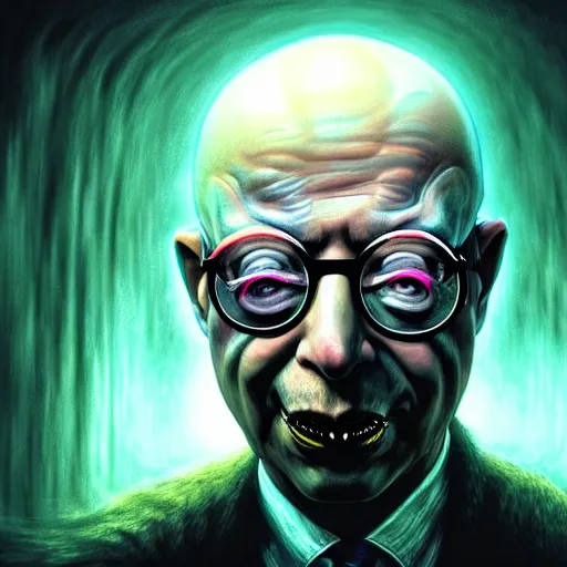 Image similar to uhd photorealistic dark scifi illustration of klaus schwab, reading necronomicon wearing bizarre voodoo makeup. cinematic lighting, intricate makeup, swirling ghosts, in the style of akira toriyama, beksisnski, amano and karol bak, evil, fantasy, hyperdetailed.