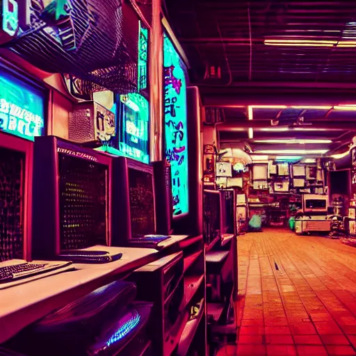 Image similar to old computers in a japanese thrift store, cinematic light, retrowave atmospheric, synthwave atmosphere, cyberpunk atmo, 8 k photography