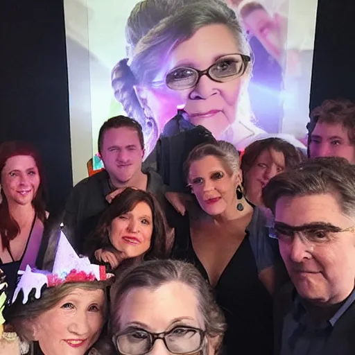Prompt: carrie fisher showed up for my birthday party! selfie photograph, multiple people, detailed, trending on reddit, 8 k hdr,