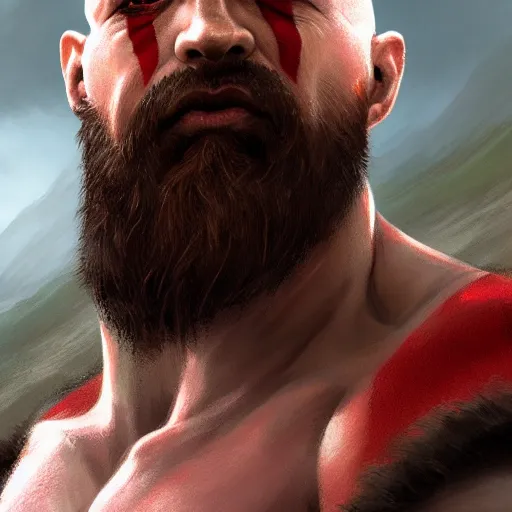 Image similar to kratos closeup portrait, dramatic light, lake background, 2 0 0 mm focal length, painted by stanley lau, painted by greg rutkowski, painted by stanley artgerm, digital art, trending on artstation