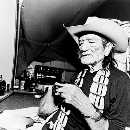 Image similar to willie nelson having a smoke in his trailer.