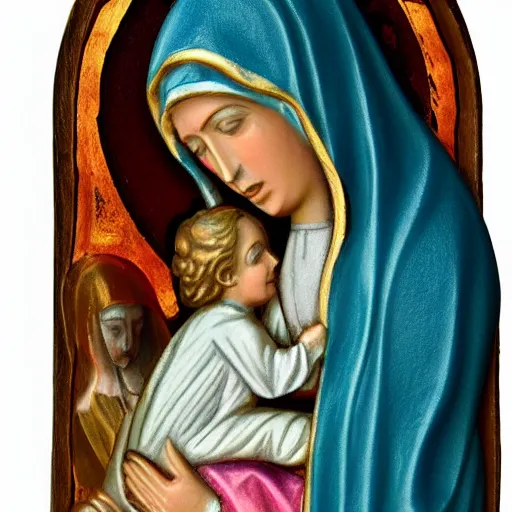 Prompt: holy roman chalkware virgin Mary our lady of sorrows antique painted sacred Catholic pearlescent coloring