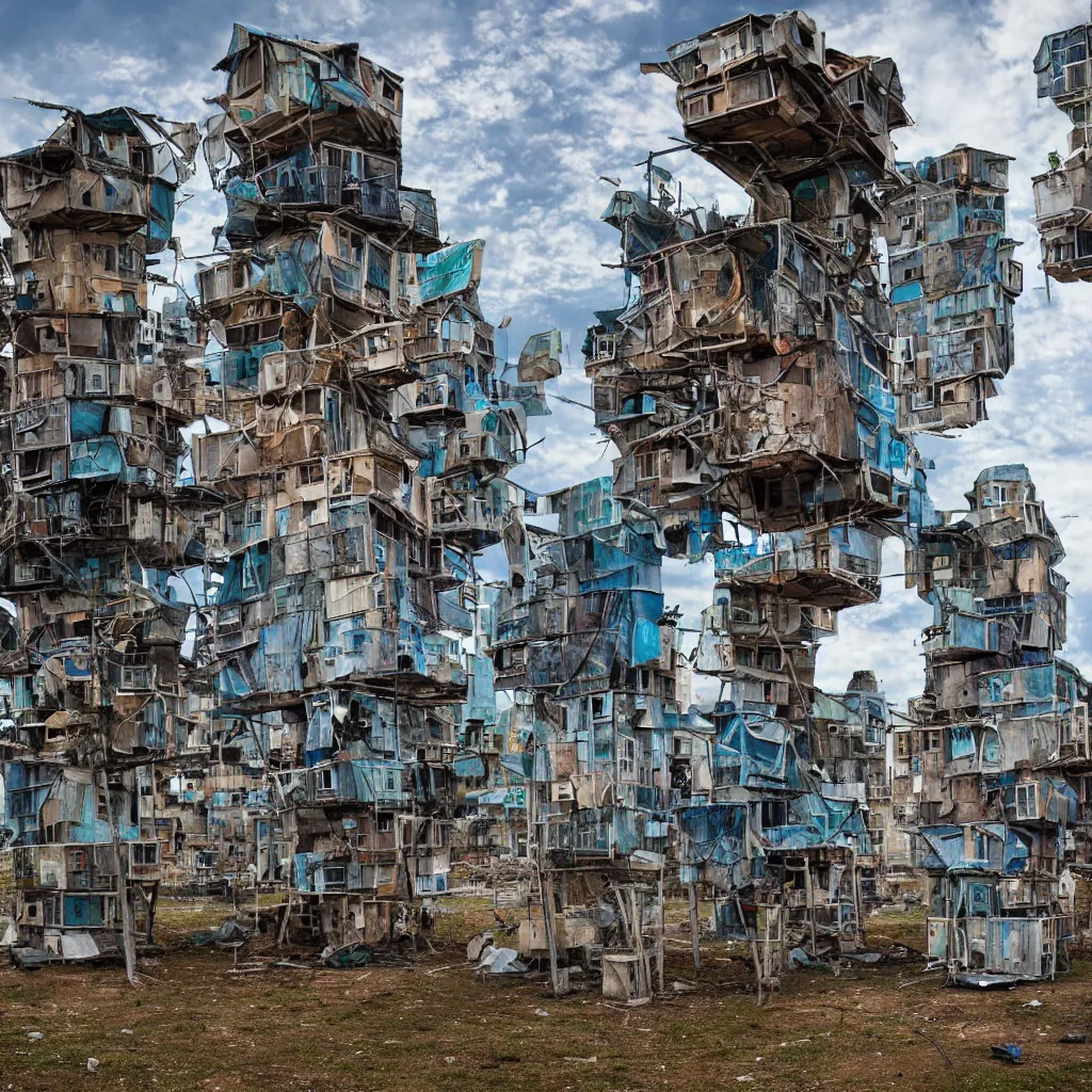 Prompt: a tower made up of makeshift squatter shacks, dystopia, sony a 7 r 3, f 1 1, fully frontal view, photographed by david lachapelle, ultra detailed,