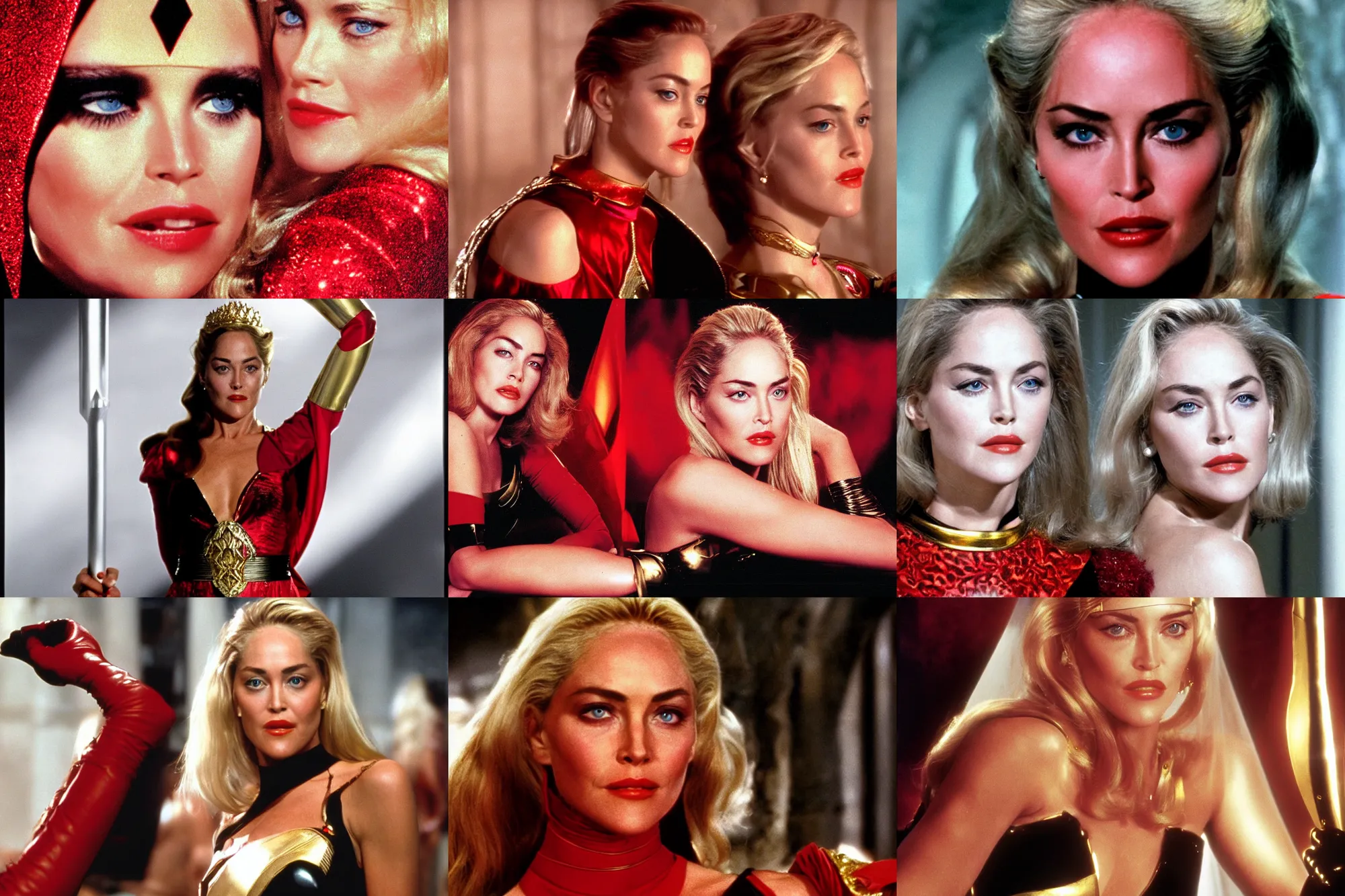 Prompt: Head Shot of a young Sharon Stone as Princess Aura in Flash Gordon 1980, Red Gold and Black outfit, film still