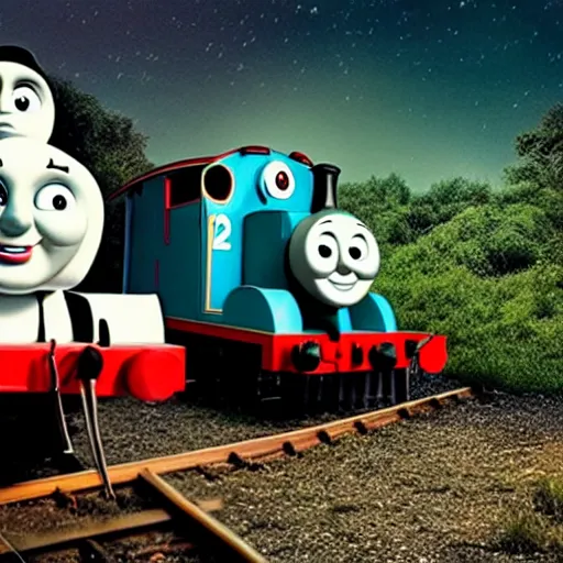 Image similar to a psychologically scary thomas the train, photo shot during bright night, realism, horror, extremely detailed