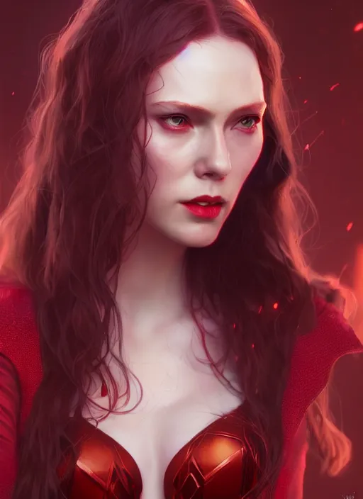 Image similar to Scarlet Witch, full body portrait, hyper detailed, digital art, trending in artstation, cinematic lighting, studio quality, smooth render, unreal engine 5 rendered, octane rendered, illustration, art by wlop and klimt and krenz cushart