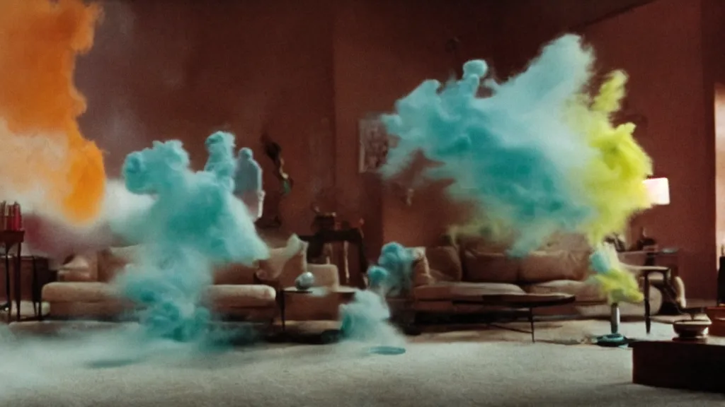 Image similar to colored powder explosion in the living room, film still from the movie directed by Denis Villeneuve with art direction by Salvador Dalí, wide lens