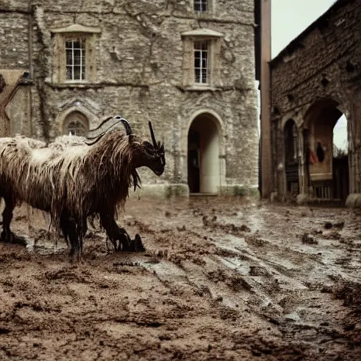 Image similar to horror, moody, still from film, daytime, muddy village square, wide shot, roaring mutant goat monster, powerful and huge, creeping on legs with hands instead of feet, filthy jagged teeth in gaping mouth, matted dirty fur, in muddy medieval village square