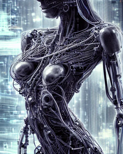 Image similar to portrait photo of a biomechanical torso of a cyborg plugged into a quantum computer with cables and wires and optic fibers. cyberpunk horror style. art by luis royo. highly detailed 8 k. intricate. nikon d 8 5 0 5 5 mm. award winning photography.