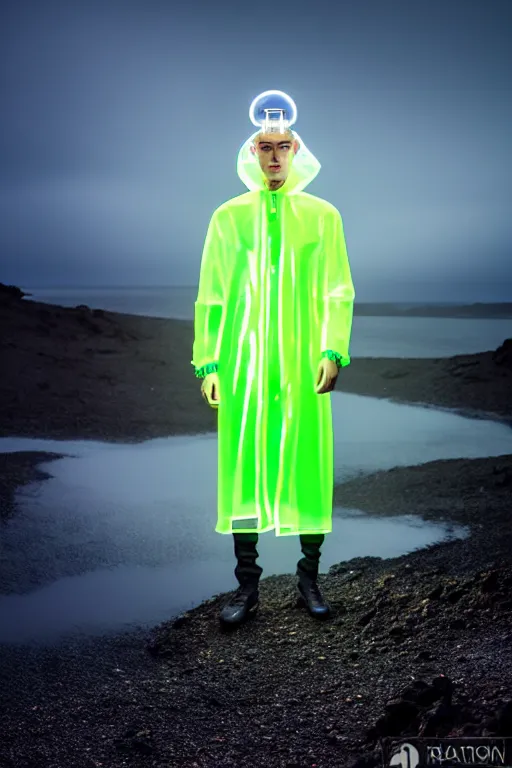 Image similar to an ultra high definition professional high fashion portrait studio full length photograph of a male model wearing a transparent pearlescent raincoat and neon visor in an icelandic black rock environment at dawn. no artefacts. extremely detailed. stark. refraction. shallow depth of field. volumetric light and shadow. ray tracing. light rays.