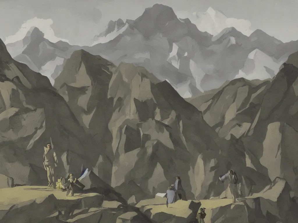 Prompt: scene with figure in the mountains. painting by neo rauch