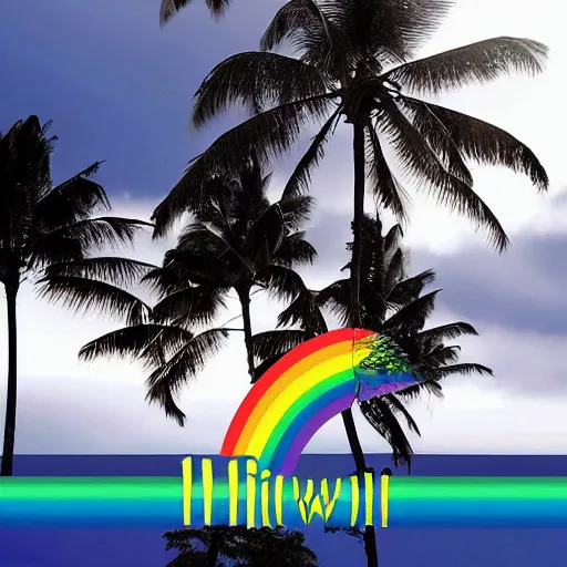 Image similar to miracle musical Hawaii part ii album cover, showing an ocean in the background, spiral transparent stairs on the left with tall palm trees behind it, a slight rainbow in the background, white outline border, moon in the right top area black and white except for the rainbow album cover