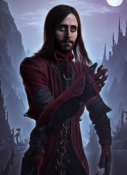 Image similar to A fantasy comic book style portrait painting of Jared Leto as a vampire race in a atmospheric dark fortress, unreal 5, DAZ, hyperrealistic, octane render, RPG portrait, ambient light, dynamic lighting