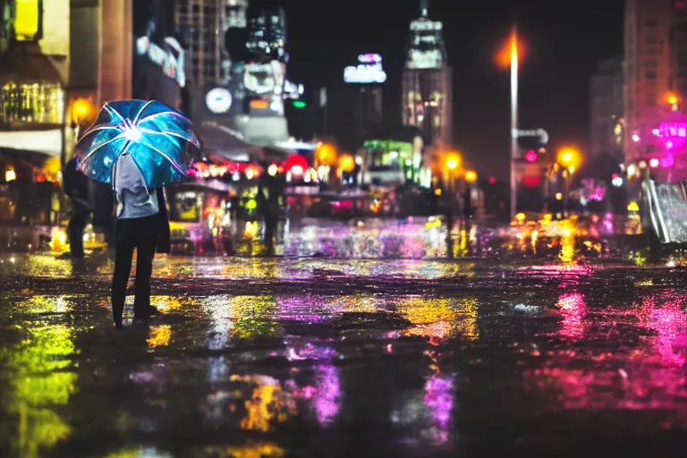 Image similar to canon, 300mm, bokeh, city at night, raining, reflections, people with umbrellas, neon lights