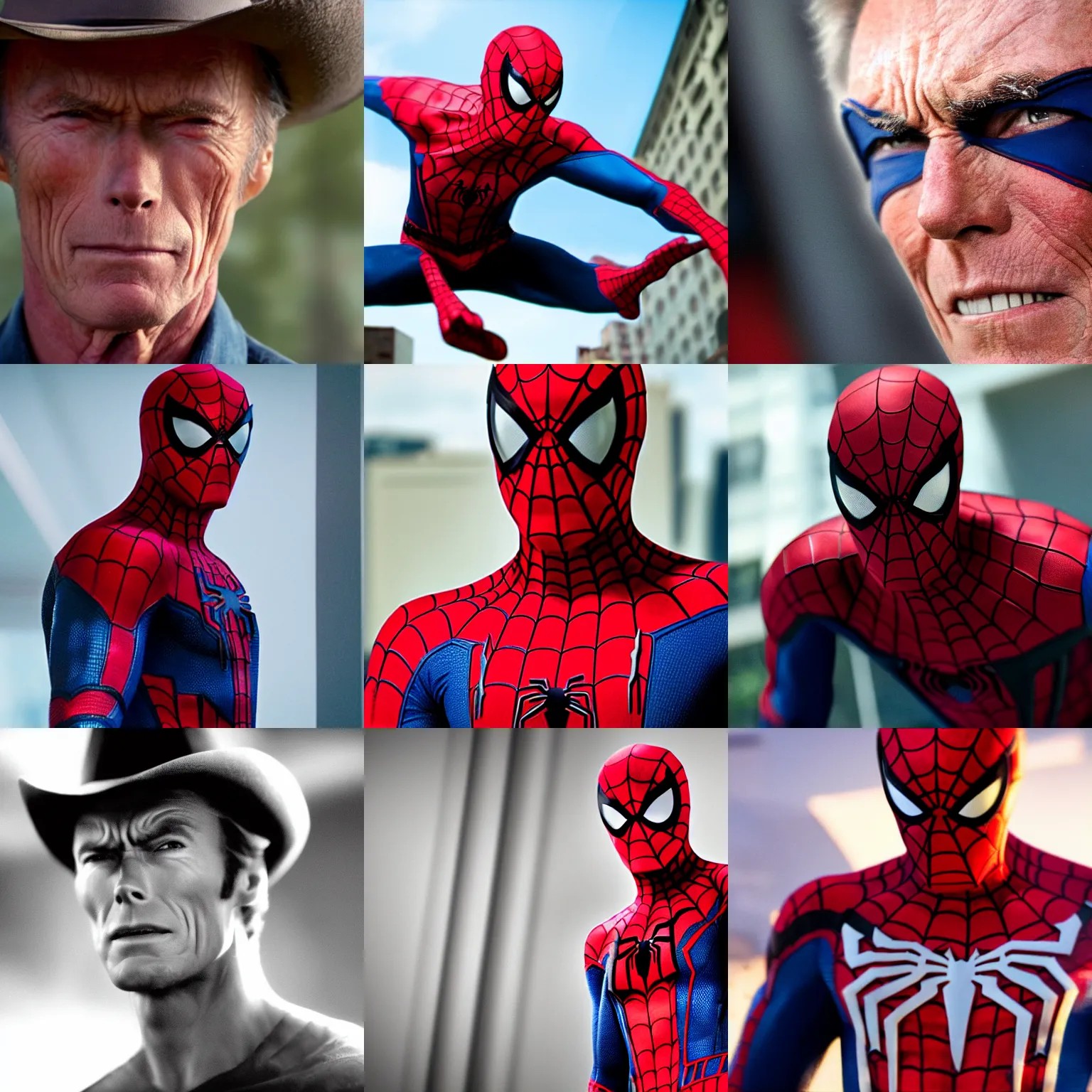 Prompt: A medium shot of Clint Eastwood as Spider-man, shallow depth of field