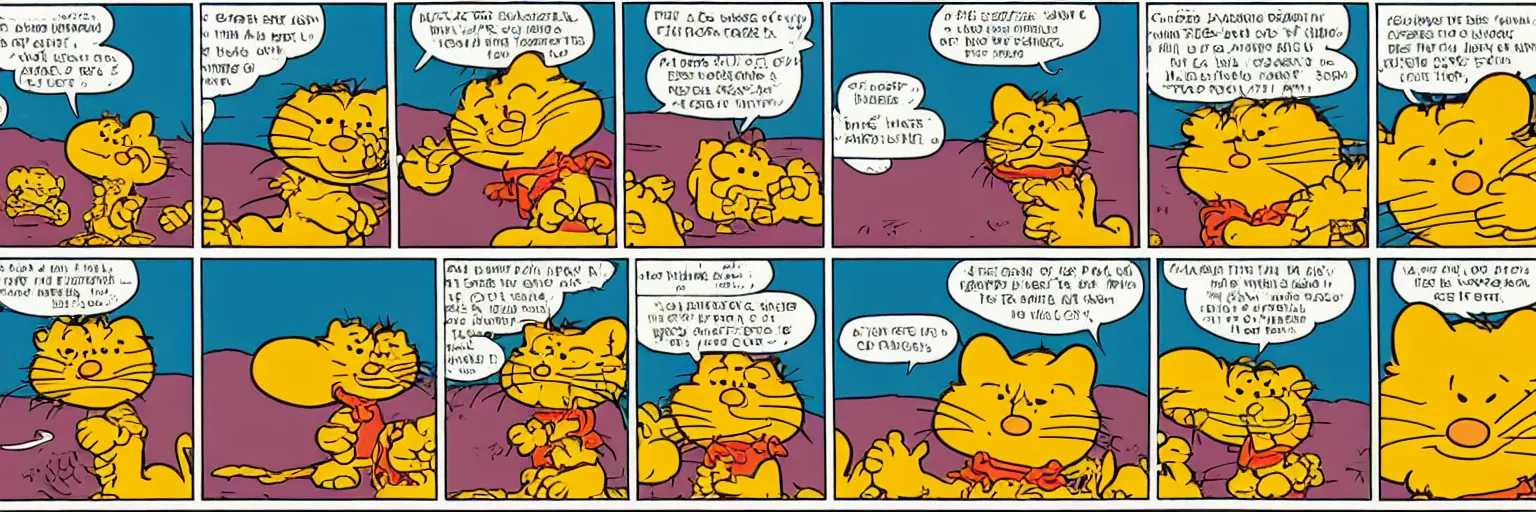 Prompt: 3 panel classic Garfield comic strip, created by Jim Davis