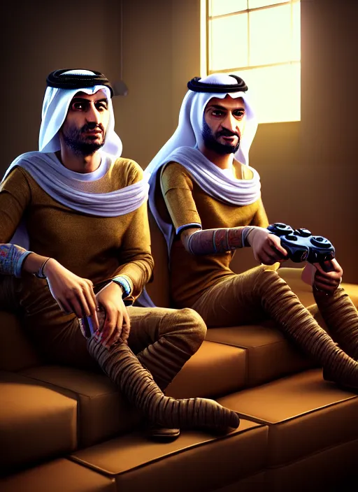 Prompt: portrait, twins playing video games, sheik mohammad ruler of dubai, hyperdetailed illustration by irakli nadar and alexandre ferra, intricate linework, unreal engine 5 highly rendered, global illumination, detailed and intricate environment