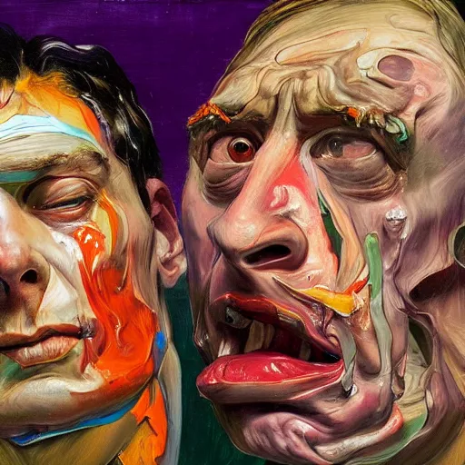 Image similar to high quality high detail painting of two extremely angry men by lucian freud and jenny saville and francis bacon and malcom liepke and nicola samori, hd, anxiety, two men crying and screaming, turquoise and purple and orange and pink, dark atmosphere