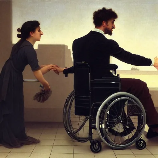 Prompt: a male patient in a wheelchair in the hospital with his wife and son standing by. happy, cheerful, intricate, sharp focus, artstation, cinematic, 8 k, by william adolphe bouguereau