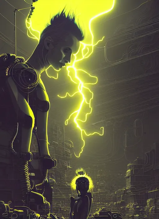 Image similar to highly detailed portrait of wasteland punk long curly bright yellow and white plasma electricity hair tribal lady, stray electric spark wiring by atey ghailan, james gilleard, by joe fenton, by greg rutkowski, by greg tocchini, by kaethe butcher, 4 k resolution, gradient yellow, black and white color scheme!!! ( ( lightning cloudy robotic dystopian city background ) )