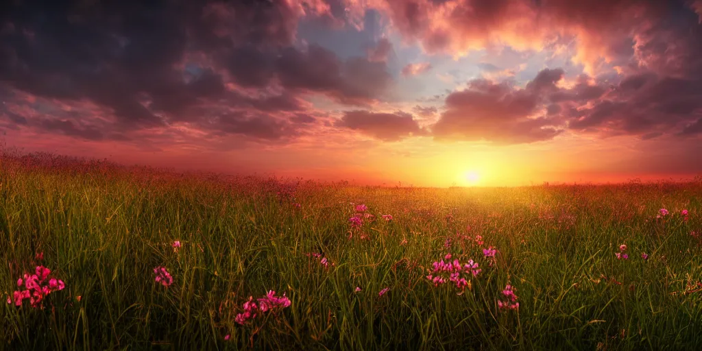 Prompt: beutiful brook and flowers on grassland, sunset, very wide view, atmospheric, hyper realistic, photography, 8k, epic composition, award winning, cinematic, unreal engine, artstation