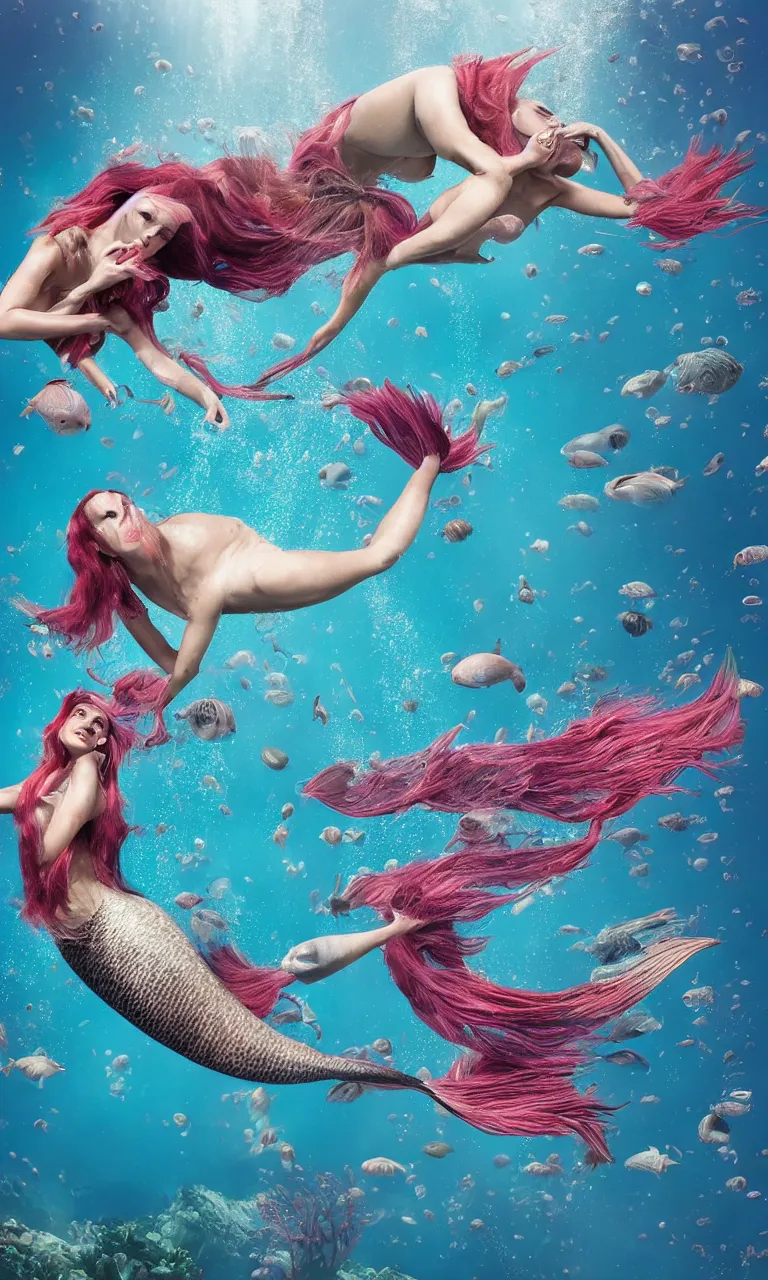 Prompt: surrealistic mermaid, half fish half woman , woman with fish head, diving in the air rounded by jelly clouds made by national geographic underwater photographer 4k, 8k,
