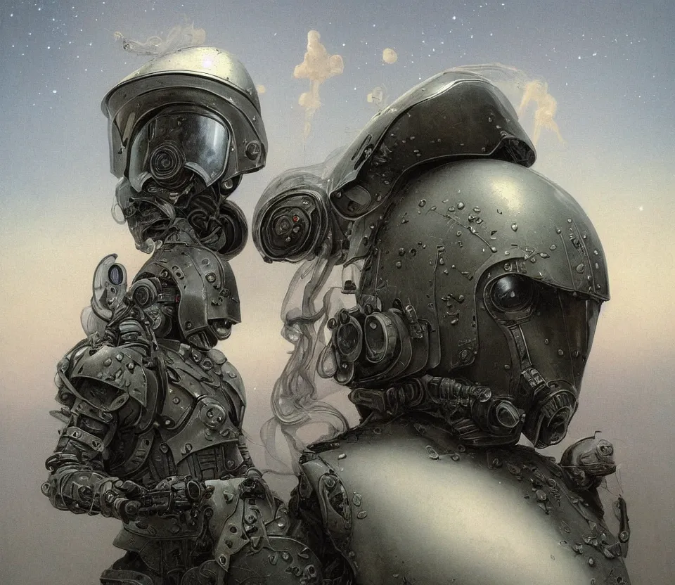 Image similar to a detailed portrait painting of a bounty hunter in combat armour and visor. Smoke. cinematic sci-fi poster. Cloth and metal. Flight suit, accurate anatomy portrait symmetrical, plague doctor. science fiction theme with lightning, aurora lighting clouds and stars. Futurism by beksinski carl spitzweg moebius and tuomas korpi. baroque elements. baroque element. intricate artwork by caravaggio. Oil painting. Trending on artstation. 8k