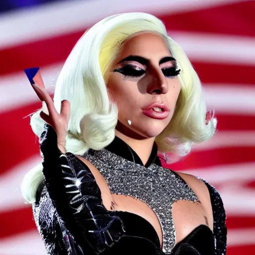 Image similar to Lady Gaga detailed face, making the peace sign with her fingers, the flag of Argentina is behind her