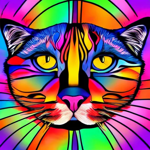 Image similar to photorealistic psychedelic cat smiling, very colorful in a maximalist style with a background that fades into black