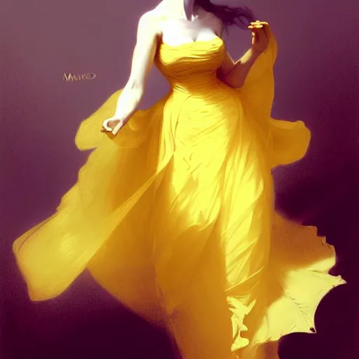 Image similar to a voluminous woman in a yellow organza dress dancing, intricate, elegant, digital painting, concept art, smooth, sharp focus, illustration, from metal gear, by ruan jia and mandy jurgens and william - adolphe bouguereau, artgerm
