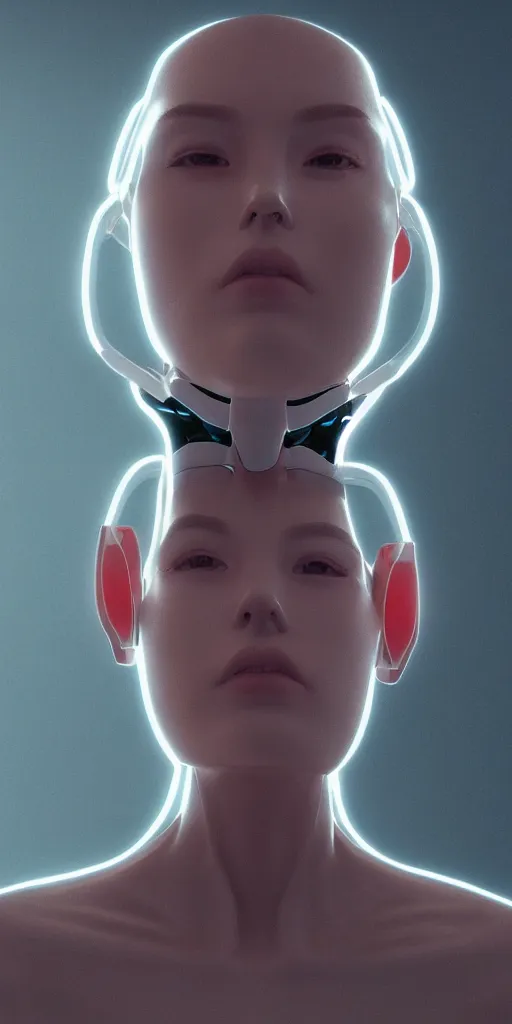 Image similar to white one cast futuristic biomechanics futuristic humanoid, beautiful face, female, futuristic, neon lights, cyberpunk, 8 k, digital painting, by beeple and makoto shinkai, trending on cg society, glamour pose, fashion photography, high fashion, canon r 3, photorealistic, hyper realistic, full body, wide angle shot