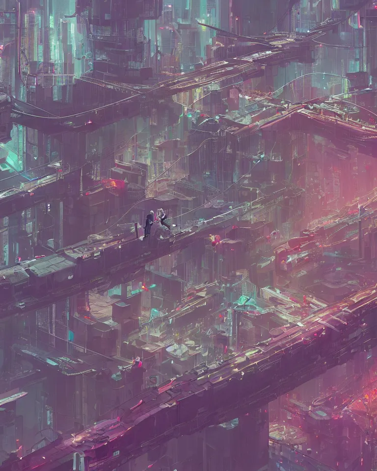 Prompt: a curly - haired persian guy standing on top of a bridge over a city, cyberpunk art by james gilleard, cgsociety, retrofuturism, synthwave, cityscape