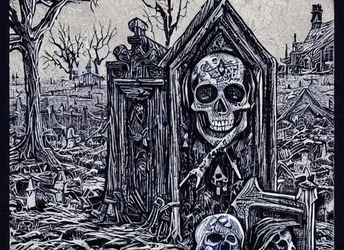 Image similar to blue woodcut print, cartoon halloween skull in graveyard at midnight by greg rutkowski, fine details, highly detailed