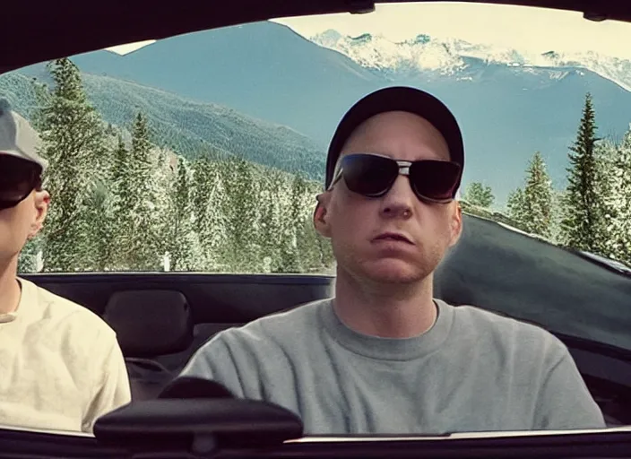 Image similar to a very high resolution image from a new movie, eminem driving a car. mountains, directed by wes anderson