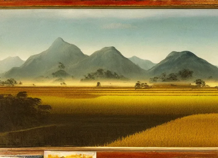 Image similar to painting of a rice paddy with two big mountains in the background, an asphalt road in the middle of paddy, big yellow sun rising between the mountain, old master masterpiece