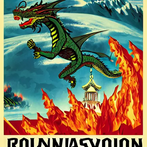 Prompt: Dragon invasion of Russia, cold war poster style